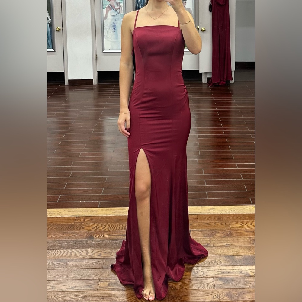 Elegant Burgundy Gown with Slit and Train Small Natasha Haute Couture Wedding